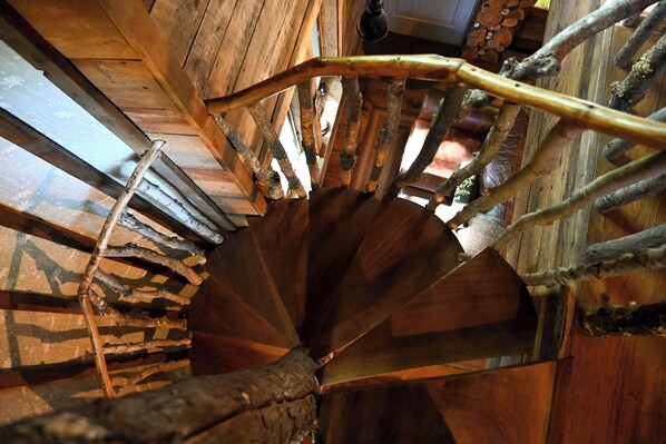 A wooden spiral staircase with a rustic design, made of logs and branches, leading to an upper level.