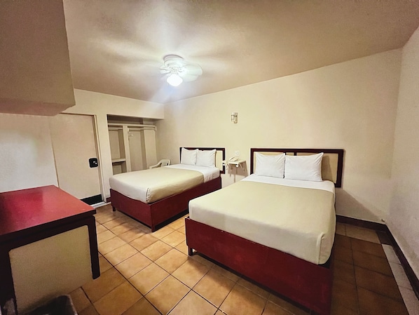 Double Room, 2 Double Beds | Desk, laptop workspace, blackout drapes, iron/ironing board