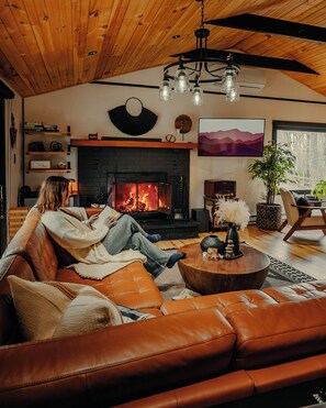 Smart TV, fireplace, books