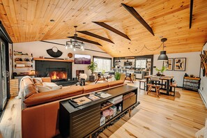 Smart TV, fireplace, books