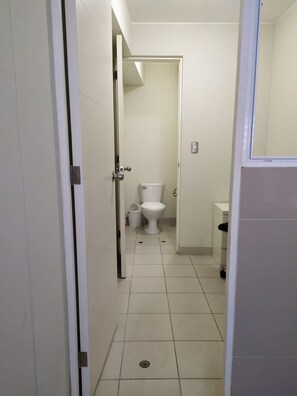 Douche, sèche-cheveux, serviettes fournies, savon