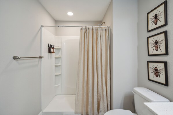 A bathroom with a shower, toilet, and framed pictures on the wall.