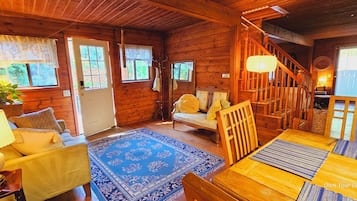 Smart TV, fireplace, books, computer monitors
