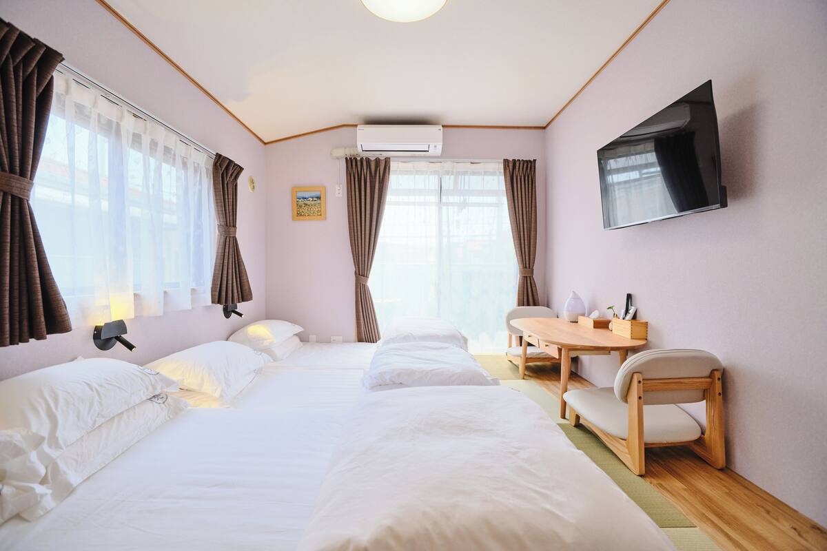 A hotel room with two beds, a desk, a chair, an air conditioning unit, and a TV on the wall.