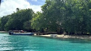 Une plage bordée d’une eau turquoise et limpide, un bateau amarré sur le rivage, et, en arrière-plan, une végétation luxuriante.