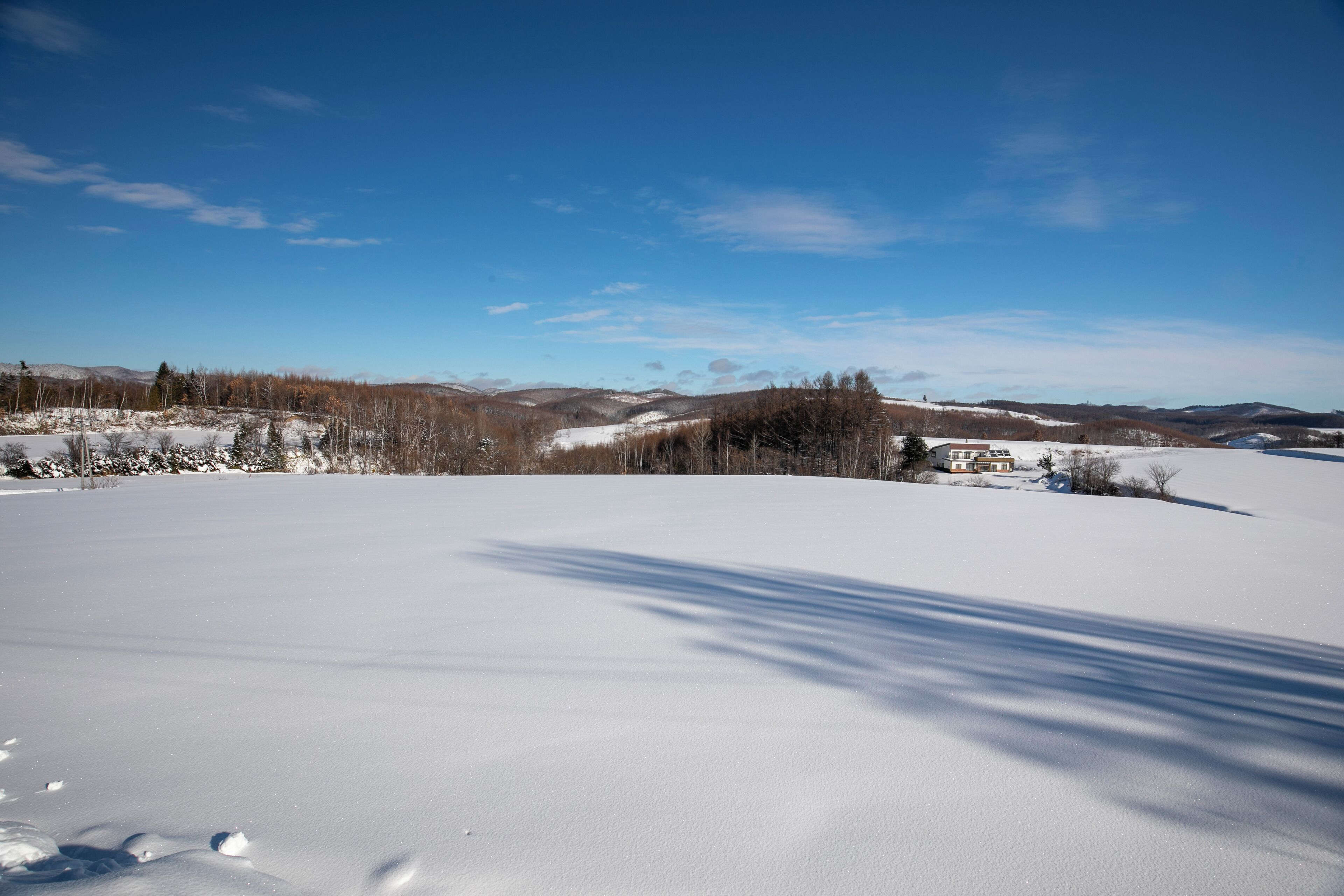 A snow-covered landscape with a clear sky and distant mountains.