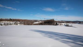 A snow-covered landscape with a clear sky and distant mountains.