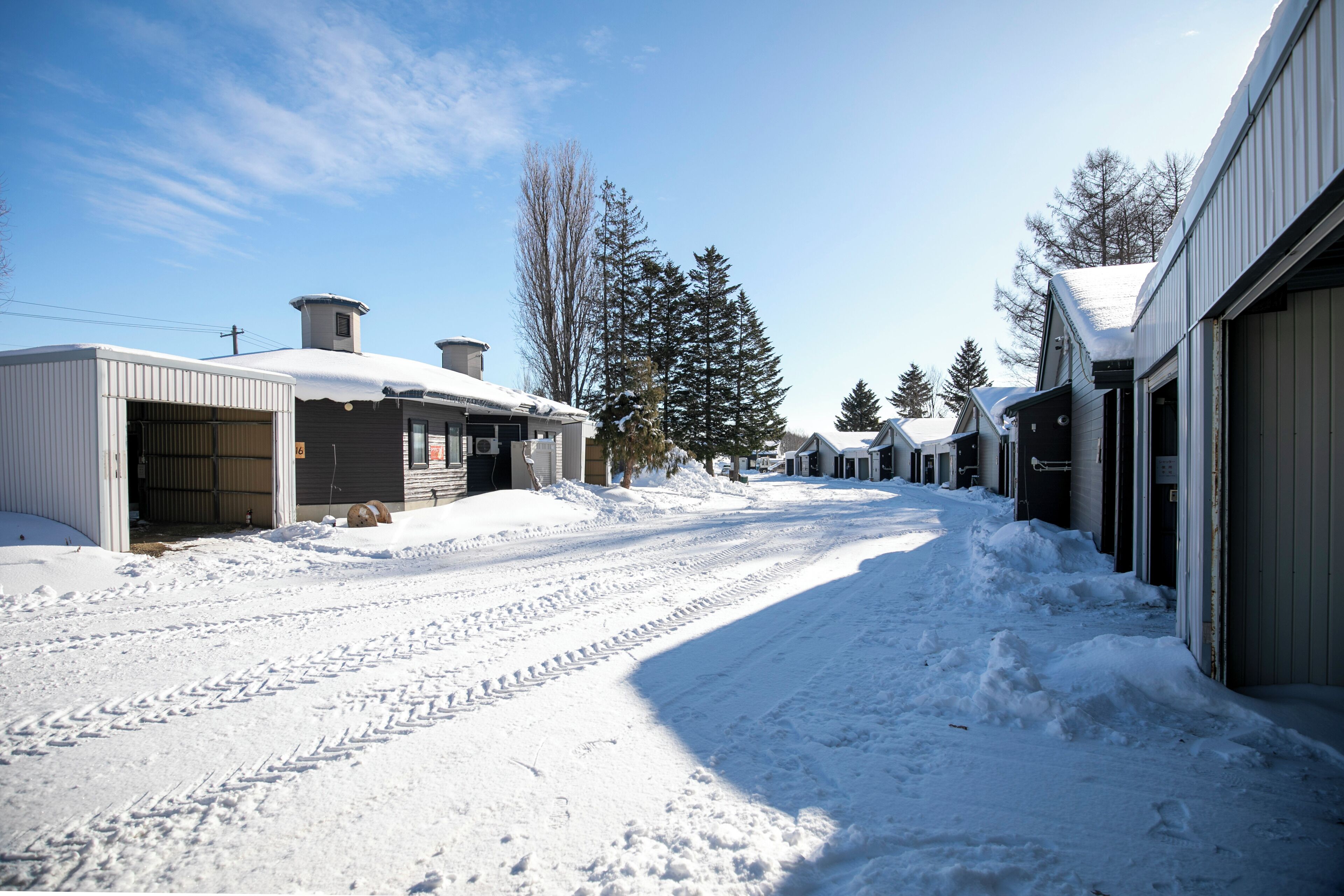 A snow-covered street with buildings on either side, including a garage and a building with a large tree in front.