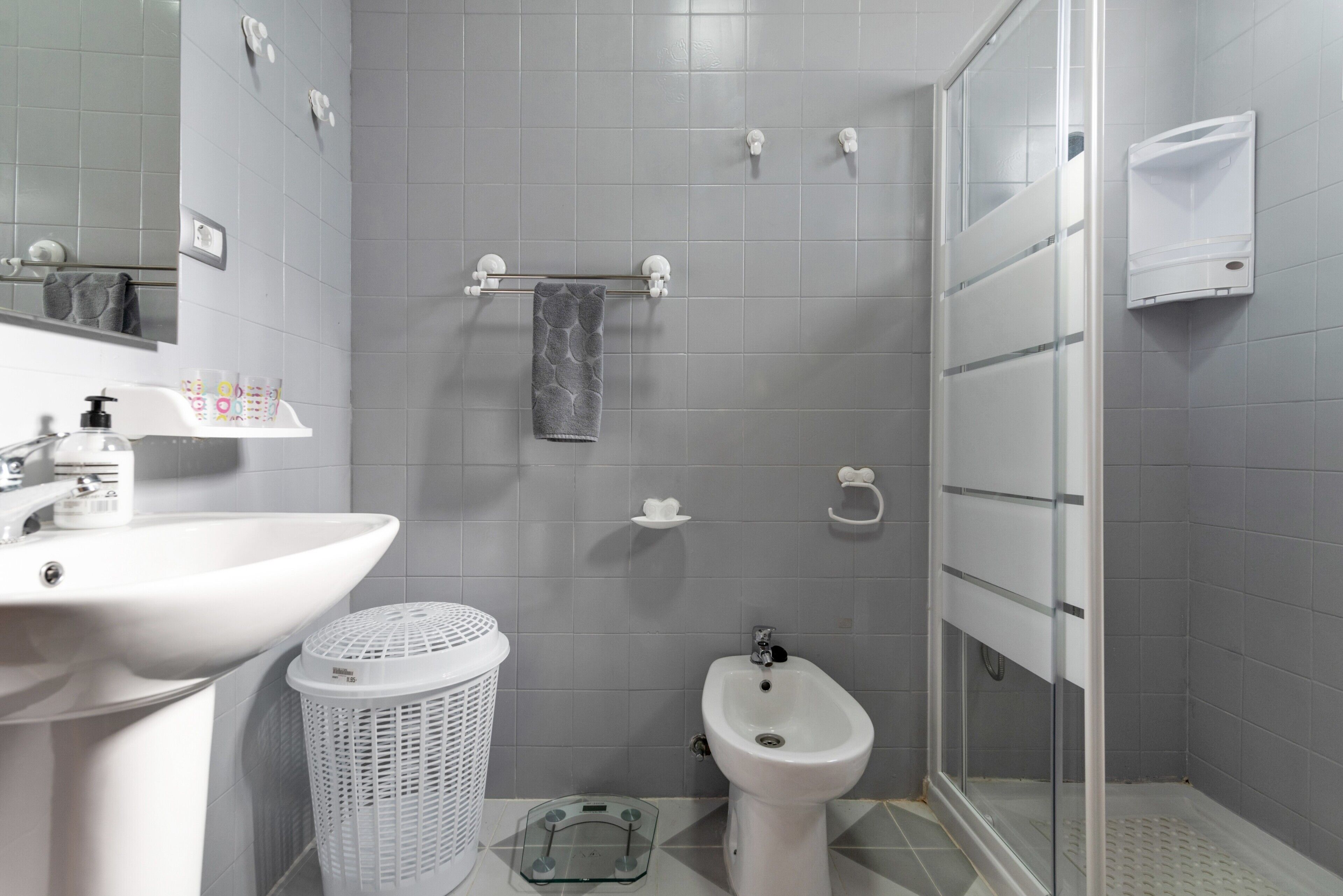 Ein Badezimmer mit Waschbecken, Bidet, Duschkabine aus Glas und einem Handtuchhalter.