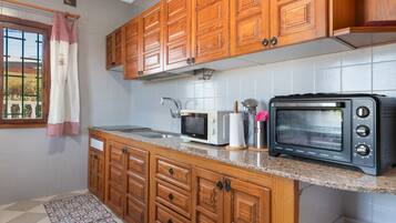 A kitchen with wooden cabinets, a microwave, a toaster oven, and a patterned rug.
