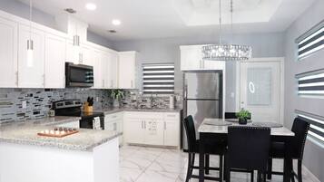 Fridge, microwave, stovetop, cookware/dishes/utensils