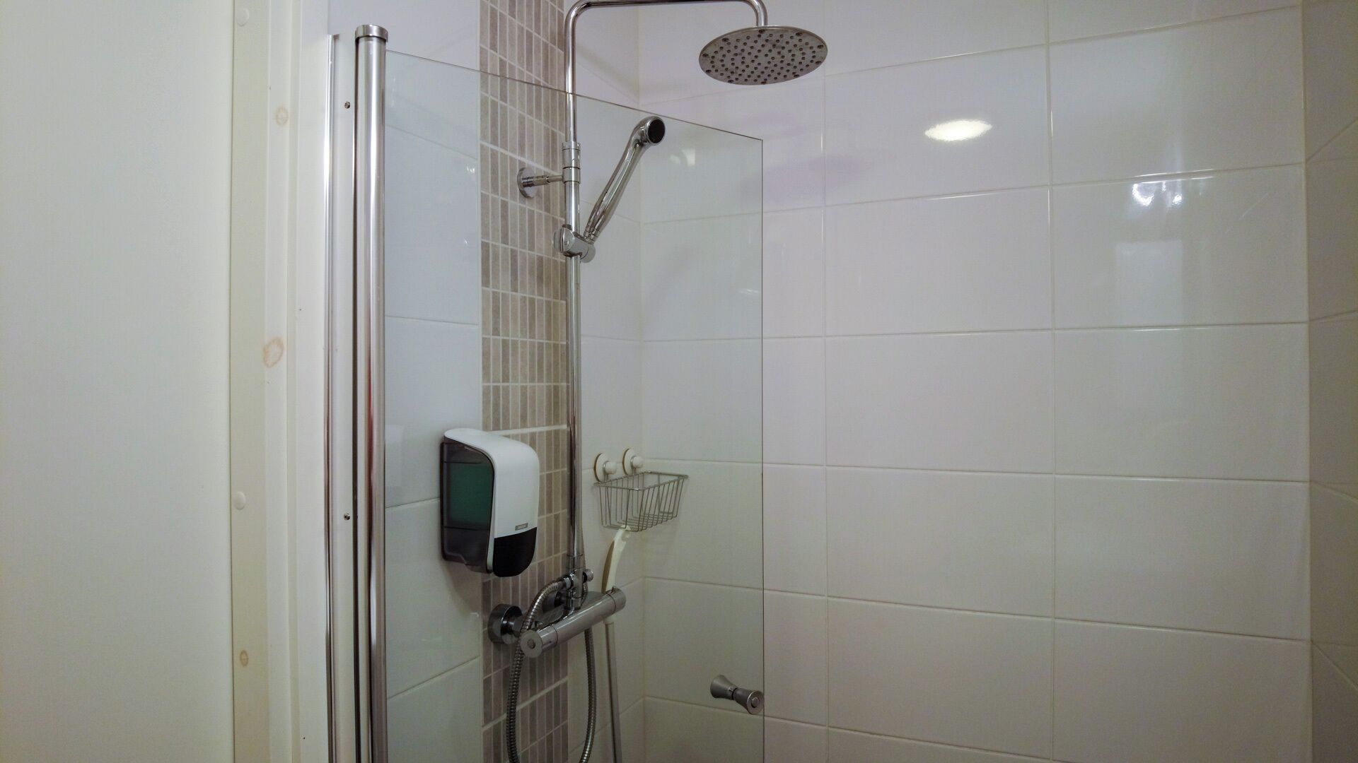 Un espace douche équipé d’un pommeau de douche à main, d’un distributeur de savon et d’un porte-serviettes.
