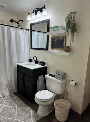 Hair dryer, towels, soap, shampoo