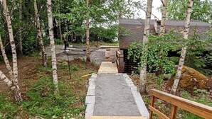 Una escalera de madera que conduce a un sendero de piedra rodeado de abedules y vegetación.