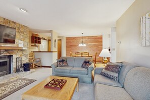 TV, fireplace, table football, ping pong