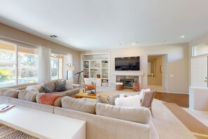 TV, fireplace, books