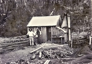 A rustic wooden cabin with a metal roof, surrounded by a wooden fence and a pile of logs. - GOLD NUGGET HUT - Off-grid Glamping Site on a farm in Hokitika (Arahura Valley)