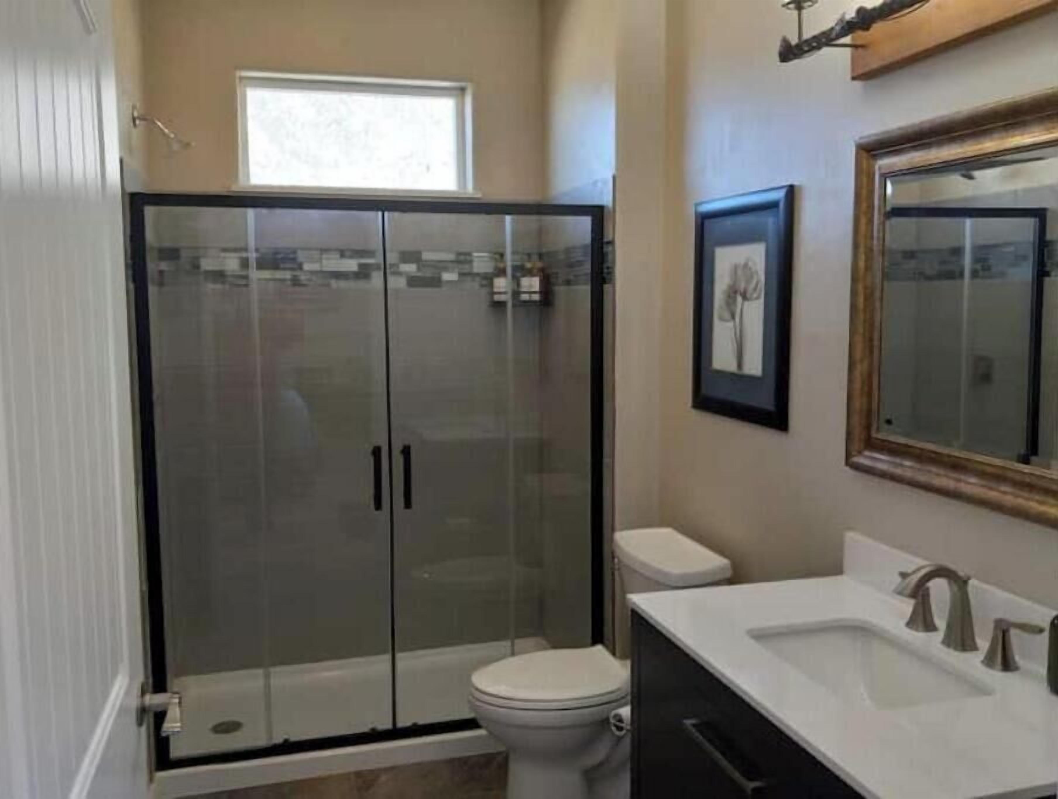 Shower, towels, soap, shampoo