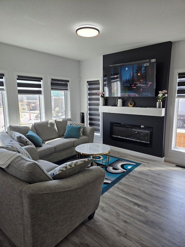 Smart TV, chimenea y libros