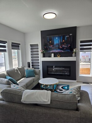 Smart TV, chimenea y libros 