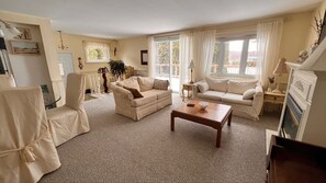 Smart TV, fireplace, DVD player, books