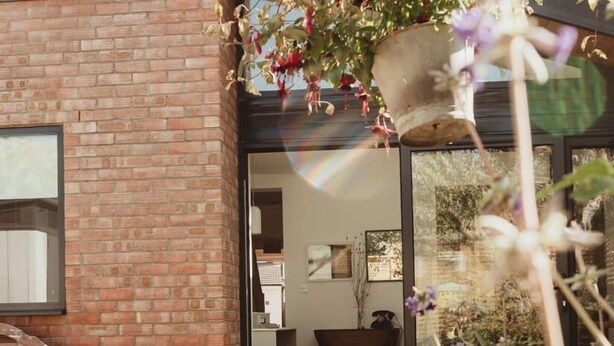 Un bâtiment en briques avec une entrée dotée d’une porte en verre, un banc en bois et un pot de fleurs contenant des plantes aux fleurs violettes.
