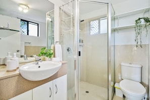 Ein modernes Badezimmer mit einer Duschkabine, einem weißen Waschbecken und einer Toilette.