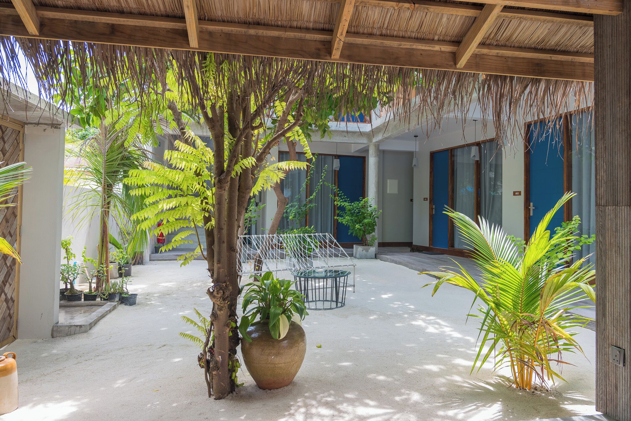 A covered outdoor area with a sandy floor, surrounded by potted plants and a seating area.