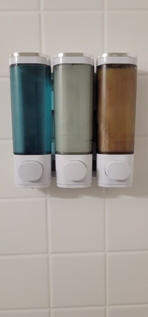 Sèche-cheveux, serviettes fournies, savon, shampoing