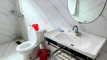 Shower, towels, soap, toilet paper