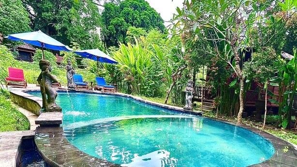 Ein Pool mit einer Statue, umgeben von üppiger Vegetation und einem blauen Sonnenschirm.