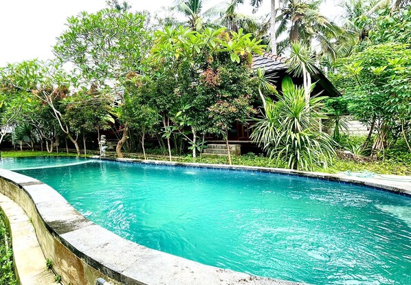 A clear swimming pool surrounded by lush greenery and a small building. - Raira Villas Lembongan (Lembongan Island)