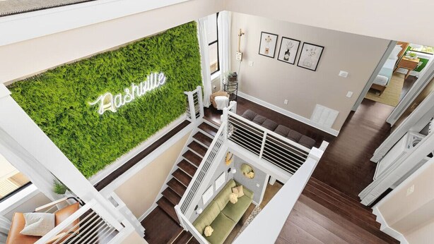 A modern interior with a green wall, white railings, and a staircase. - Modern Home with Rooftop Deck - Walk to Coffee, Restaurants, Brewery (Nashville)