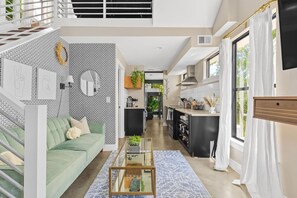 Smart TV, fireplace, books