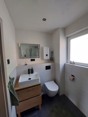 A modern bathroom with a white sink, wooden vanity, a toilet, and a mirror.