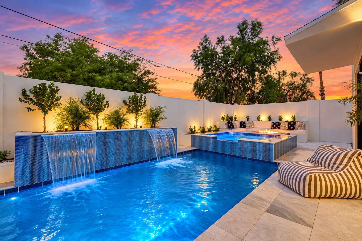 A swimming pool with a waterfall feature, a hot tub, and a seating area with cushions.