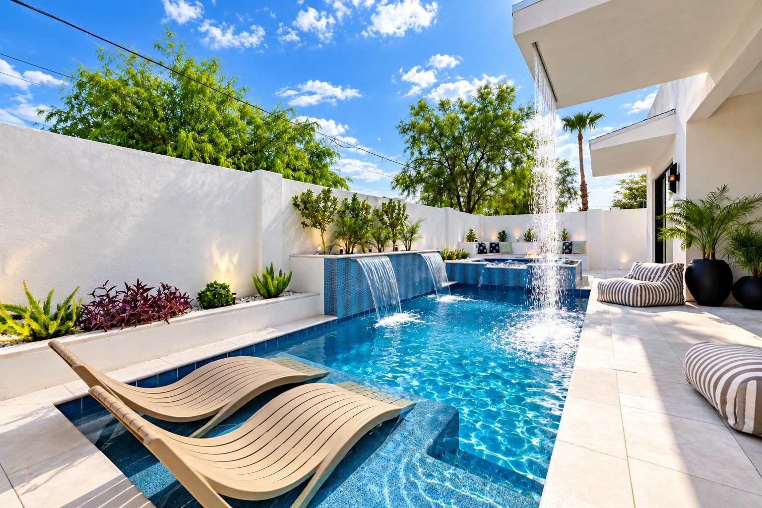 A swimming pool with a waterfall feature, surrounded by outdoor seating and plants.