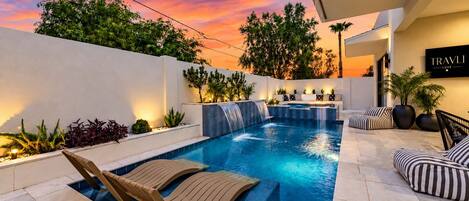 Your own backyard mini-resort oasis with heated pool, spa, firepit, BBQ and patio lounge