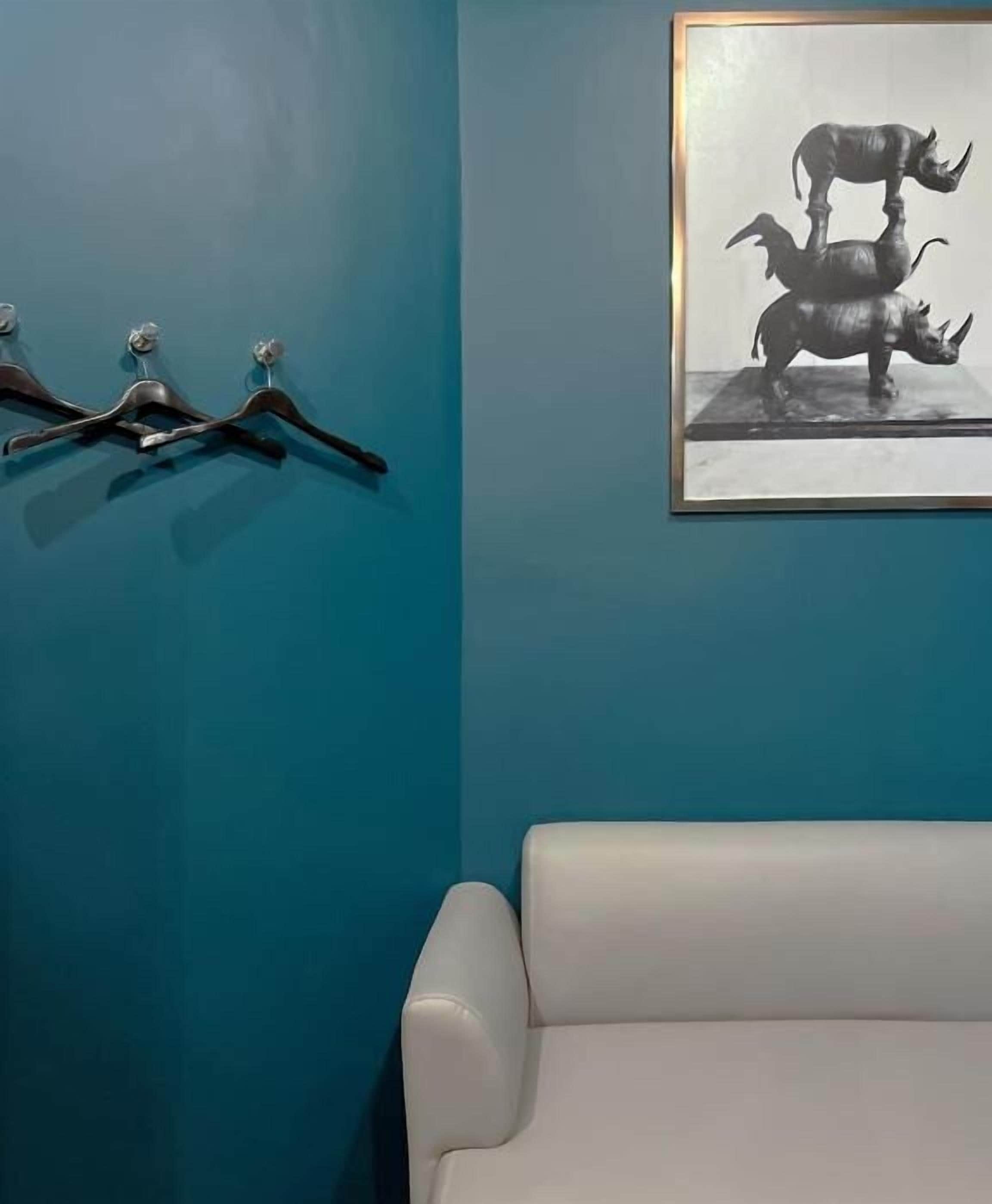 A teal wall with a framed black and white photograph of rhinoceroses, a white leather chair, and three metal coat hooks.