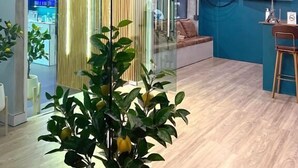 Un intérieur moderne avec une cloison en verre, un coin salon et un petit comptoir de bar.