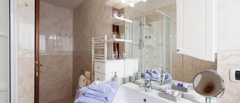 Hair dryer, towels, soap, toilet paper