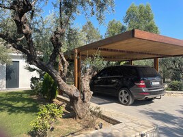 Uma área de estacionamento coberta com um carro estacionado por baixo.