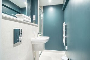 Douche, séchoir à cheveux, serviettes fournies, shampooing