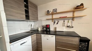 A modern kitchen with a dishwasher, a coffee maker, and wooden shelves above the countertop. - Duplex apartment 45m², 3 rooms, 8 ppl, balcony, near slopes, pets allowed (Peisey-Vallandry)