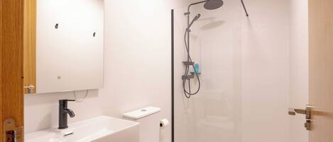 A modern bathroom with a white sink, mirror, and a glass-enclosed shower area.