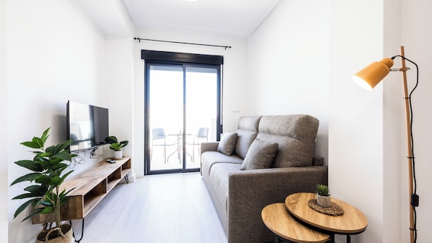 A modern living room with a sofa, a coffee table, a TV, and a plant. - Apartamentos Marina Playa de Torrevieja (Torrevieja)