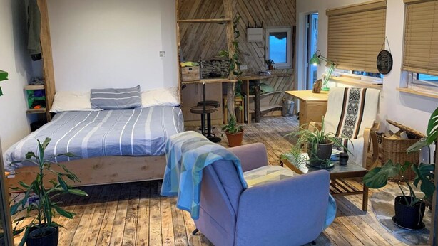 Une chambre confortable avec un lit, une chaise et un bureau équipé d’un ordinateur. On y trouve également des plantes et une fenêtre avec des stores.
