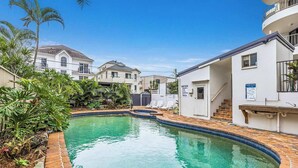 A swimming pool with a tiled edge, surrounded by a brick border and lush greenery.