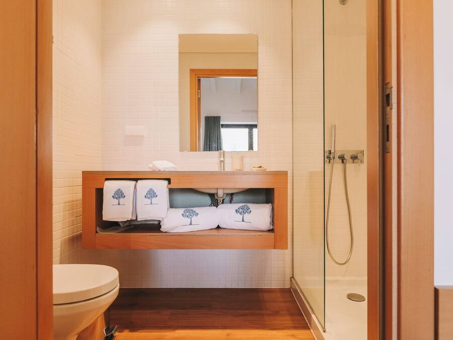 Een badkamer met toilet, wastafel met spiegel en douche.