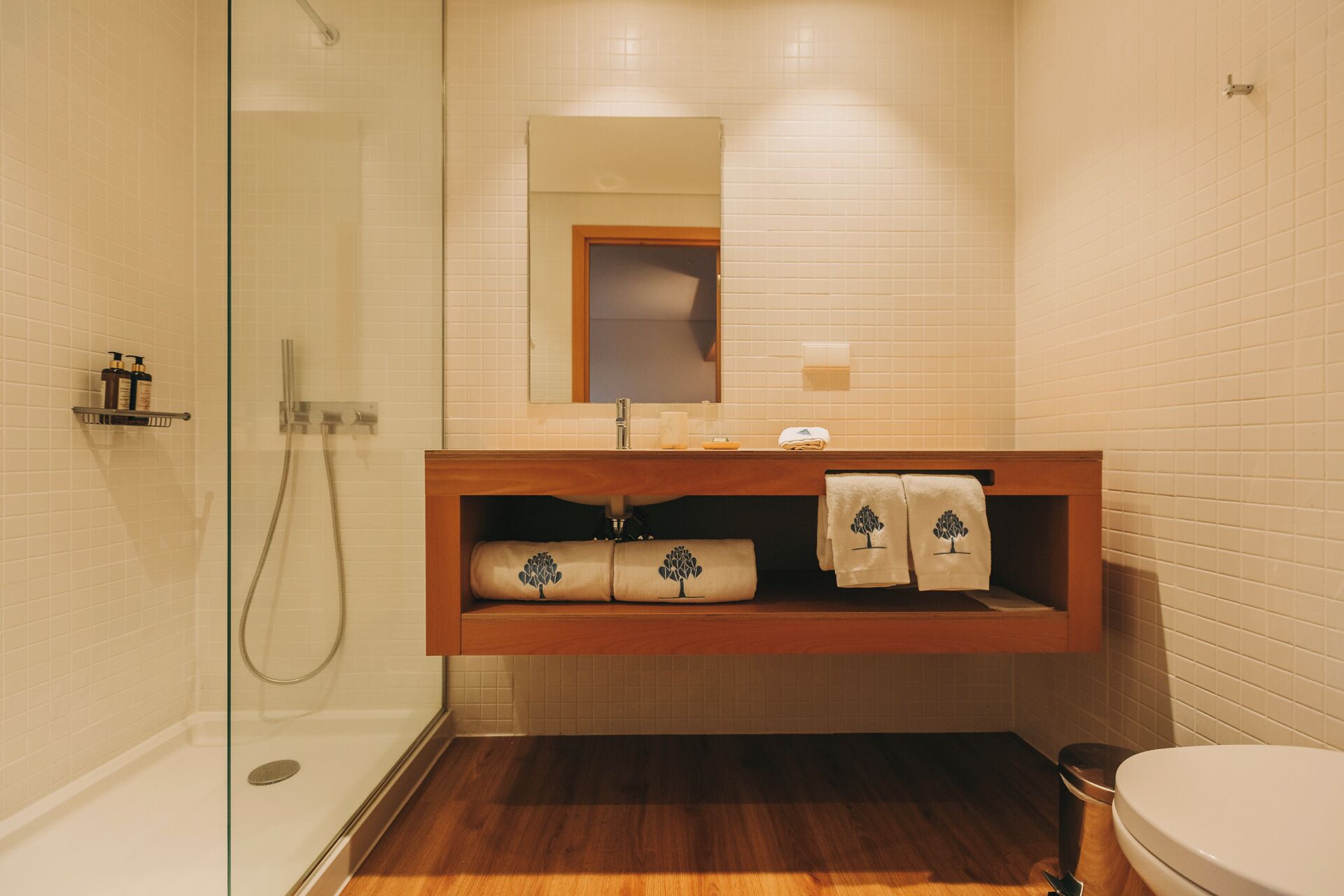 Un baño con cabina de ducha de vidrio, tocador de madera con espejo y un inodoro.